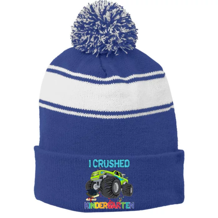 I Crushed Kindergarten Monster Truck Graduation Gifts Stripe Pom Pom Beanie