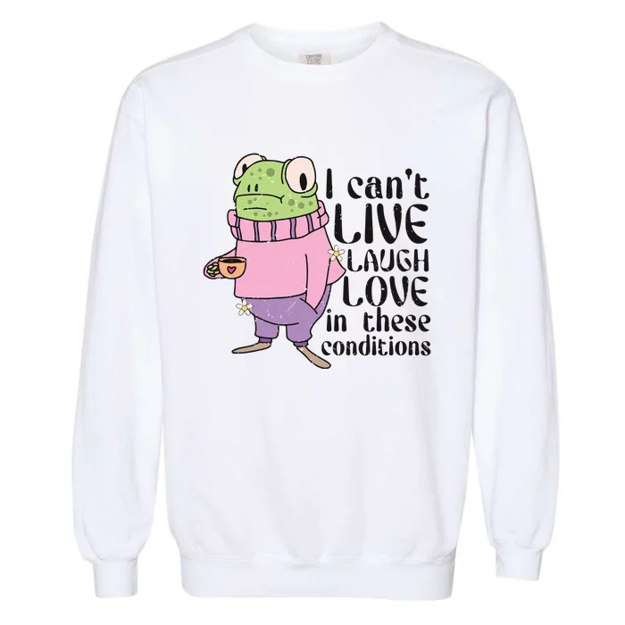 I Cant Live Laugh Love In These Conditions Funny Frog Meme Garment-Dyed Sweatshirt