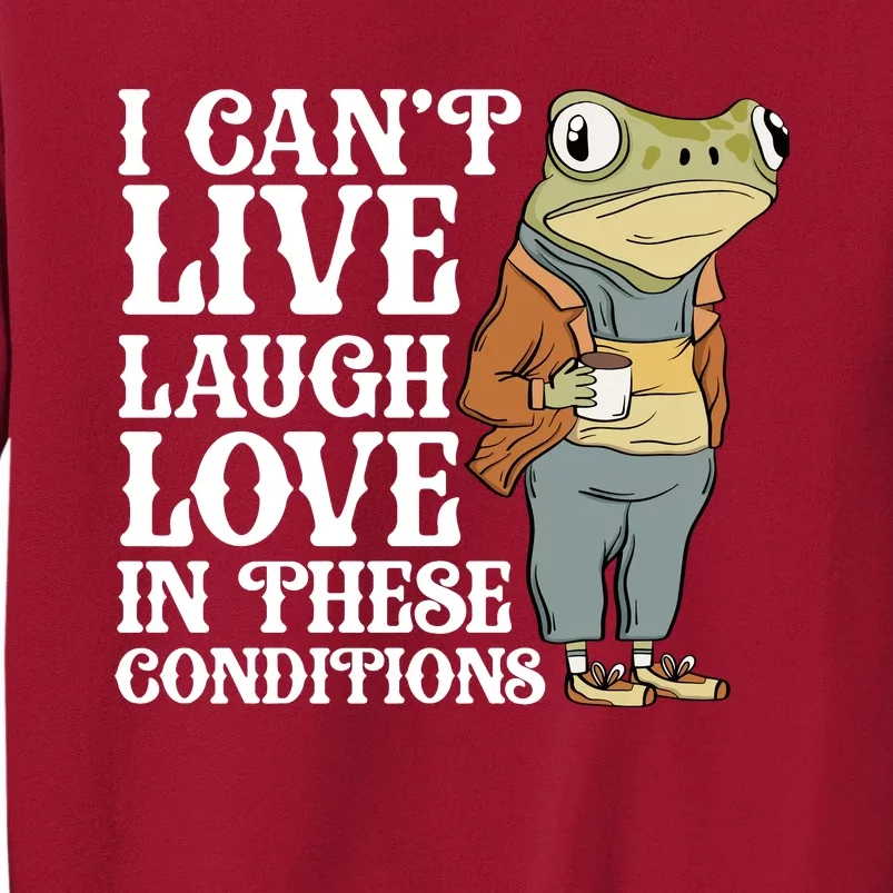 I Cant Live Laugh Love In These Conditions Funny Frog Meme Tall Sweatshirt