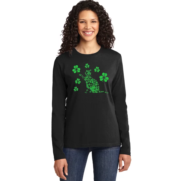 Irish Cat Lover Ireland Clover Shamrock St. Patrick's Day Ladies Long Sleeve Shirt