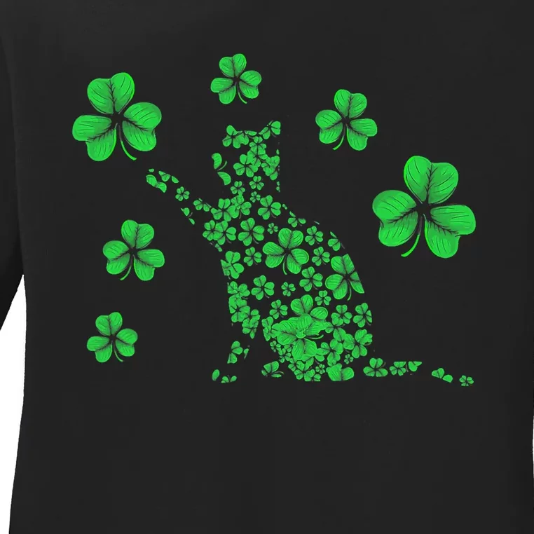 Irish Cat Lover Ireland Clover Shamrock St. Patrick's Day Ladies Long Sleeve Shirt