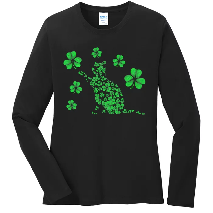 Irish Cat Lover Ireland Clover Shamrock St. Patrick's Day Ladies Long Sleeve Shirt