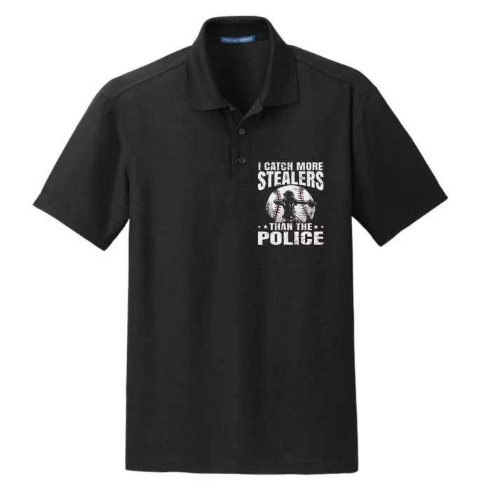 I Catch More Stealers Than The Police Funny Baseball Catcher Dry Zone Grid Performance Polo