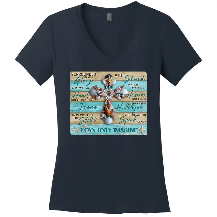 I Can Only Imagine Faith Sea Shell Cross Women's V-Neck T-Shirt