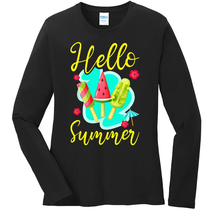 Ice Cream Popsicle Hello Summer Ladies Long Sleeve Shirt