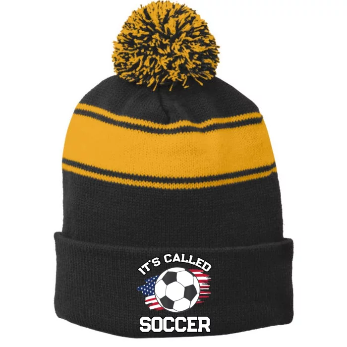 It's Called Soccer Funny Football Fan Futbol American Flag Stripe Pom Pom Beanie