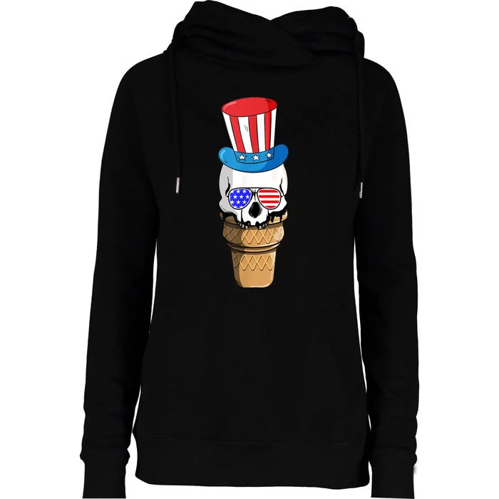 Ice Cream Skull 4th Of July Funny USA Flag Patriotic Womens Funnel Neck Pullover Hood