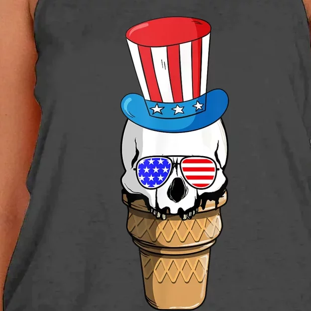 Ice Cream Skull 4th Of July Funny USA Flag Patriotic Women's Knotted Racerback Tank