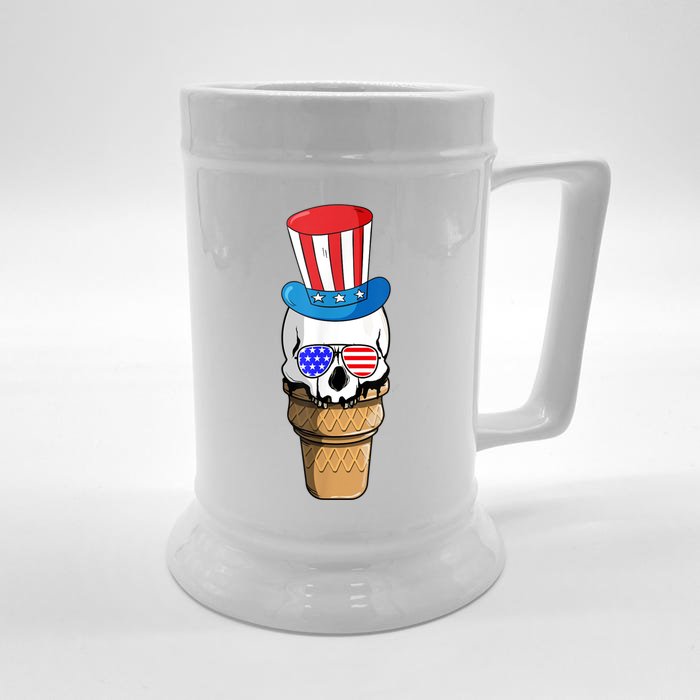 Ice Cream Skull 4th Of July Funny USA Flag Patriotic Front & Back Beer Stein