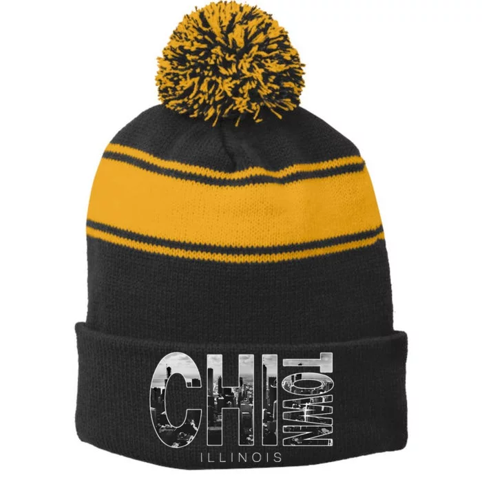 Illinois Chicago Skyline Chi Town Stripe Pom Pom Beanie