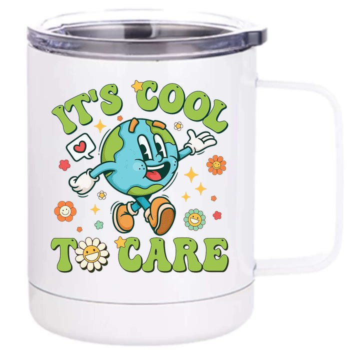 ItS Cool To Care Earth Day 2024 Retro Groovy Teacher Front & Back 12oz Stainless Steel Tumbler Cup