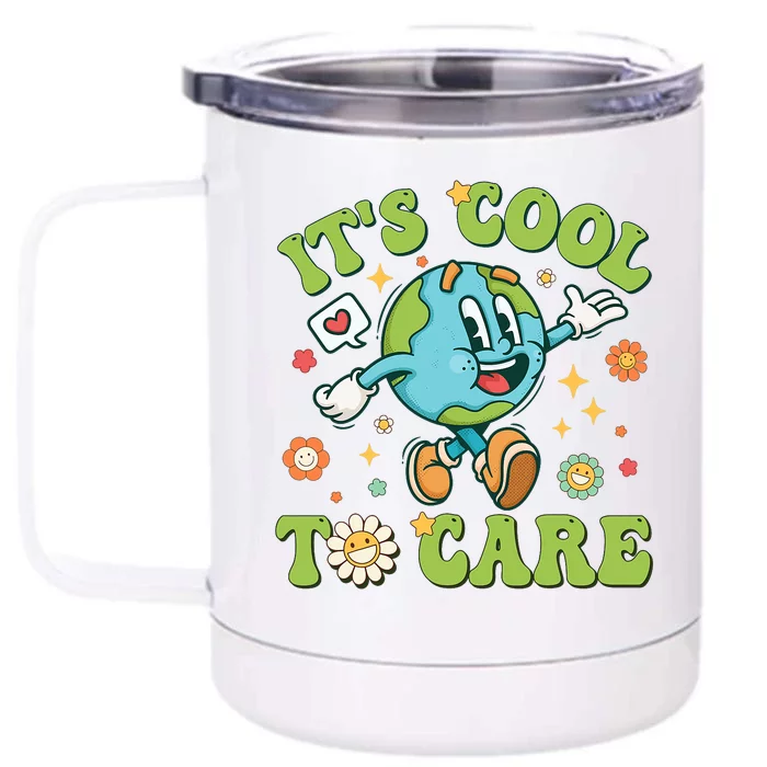 ItS Cool To Care Earth Day 2024 Retro Groovy Teacher Front & Back 12oz Stainless Steel Tumbler Cup