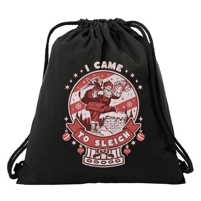 I Came To Sleigh Funny Christmas Ugly Sweater Retro Santa Drawstring Bag