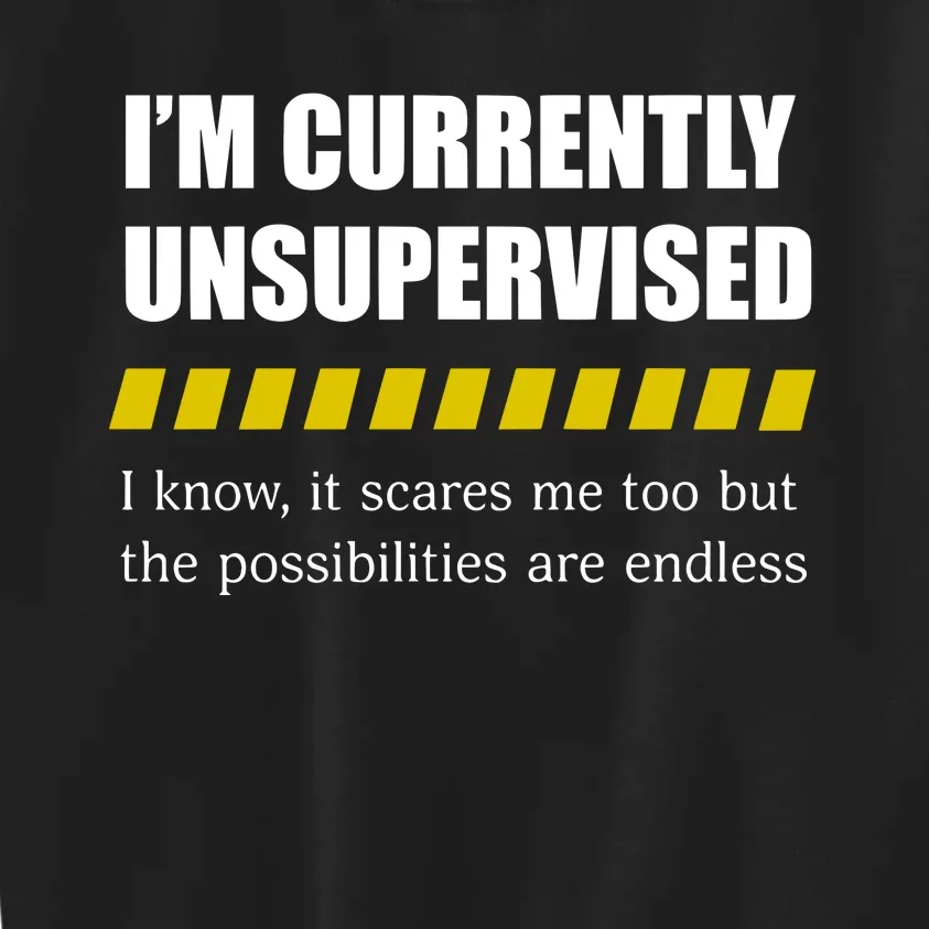 IM Currently Unsupervised I Know It Scares Me Too But The Possibilities Are End Kids Sweatshirt