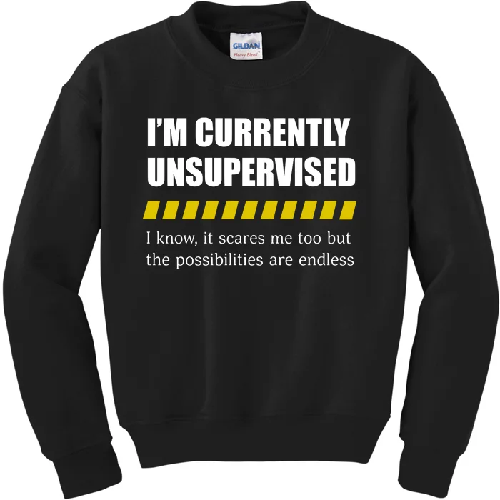 IM Currently Unsupervised I Know It Scares Me Too But The Possibilities Are End Kids Sweatshirt