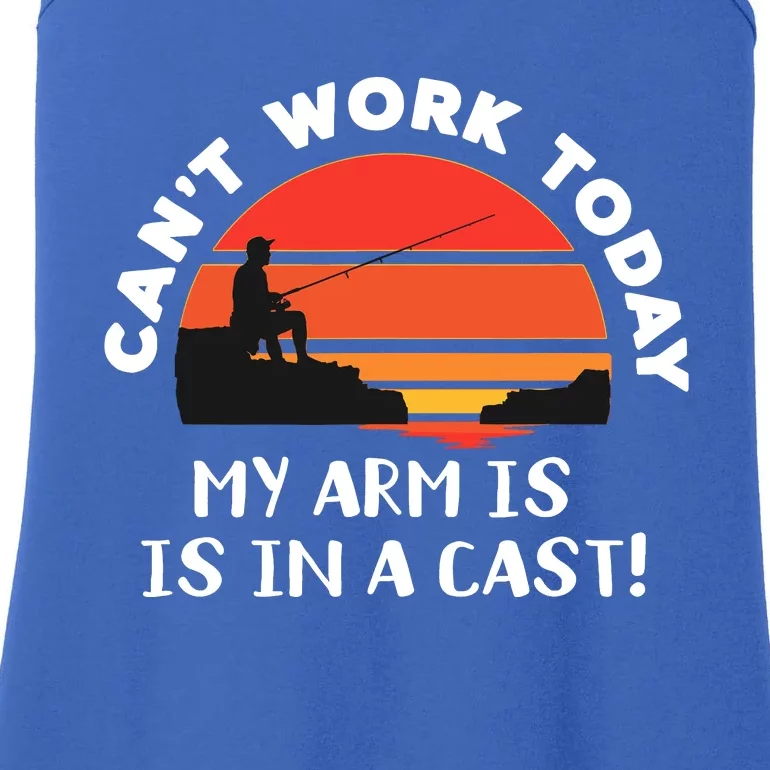 I Cant Work Today My Arm Is In A Cast Sunset Fishing Joke Ladies Essential Tank