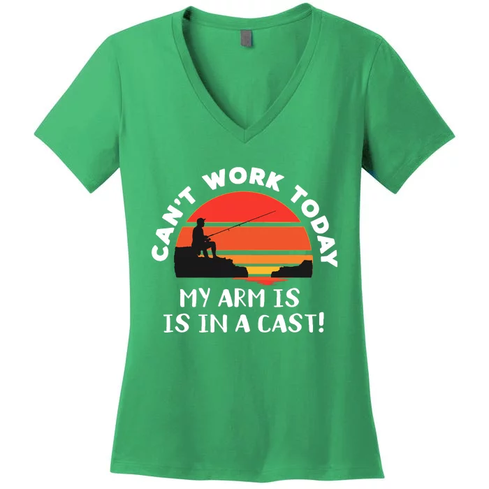 I Cant Work Today My Arm Is In A Cast Sunset Fishing Joke Women's V-Neck T-Shirt