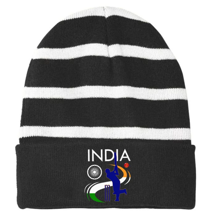 India Cricket With Indian Flag Brush Stroke Striped Beanie with Solid Band