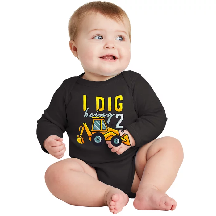 I Dig Being 2 Excavator Construction 2nd Birthday Party Baby Long Sleeve Bodysuit