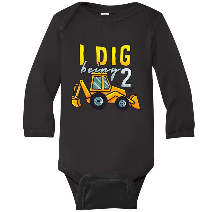 I Dig Being 2 Excavator Construction 2nd Birthday Party Baby Long Sleeve Bodysuit