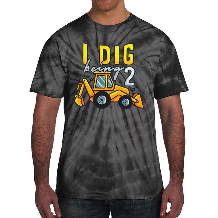 I Dig Being 2 Excavator Construction 2nd Birthday Party Tie-Dye T-Shirt