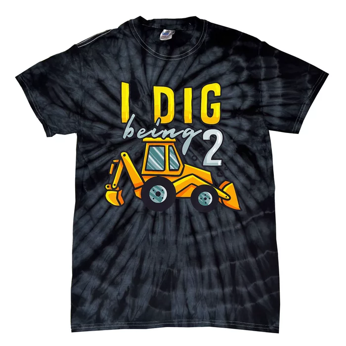 I Dig Being 2 Excavator Construction 2nd Birthday Party Tie-Dye T-Shirt