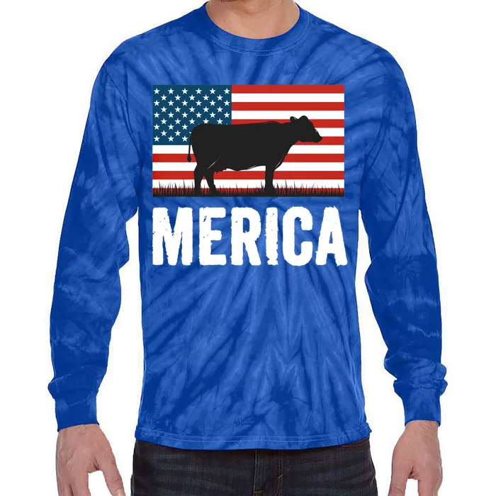 Independence Day Cow Merica 4th Of July American Flag Gift Tie-Dye Long Sleeve Shirt