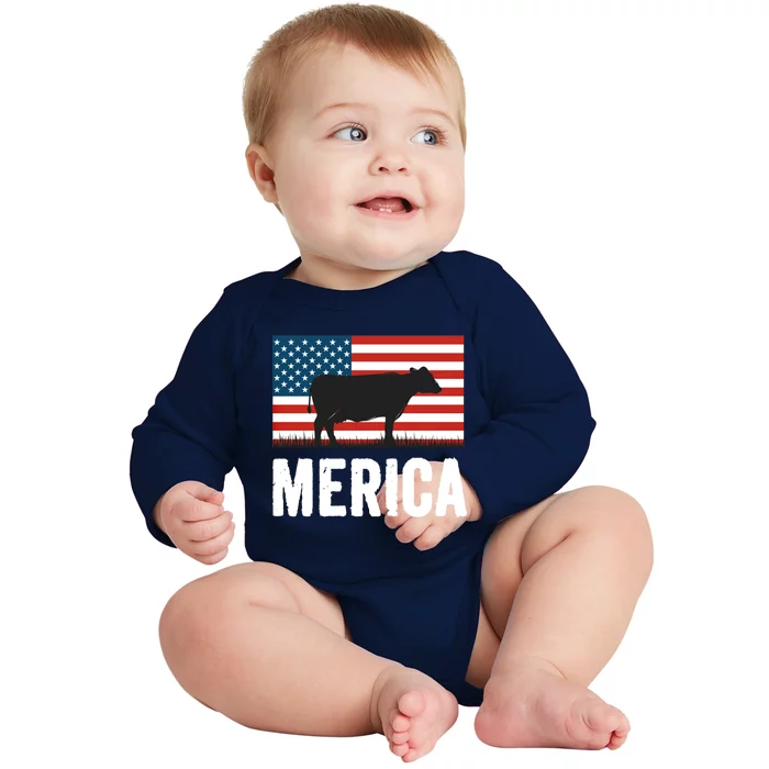 Independence Day Cow Merica 4th Of July American Flag Gift Baby Long Sleeve Bodysuit