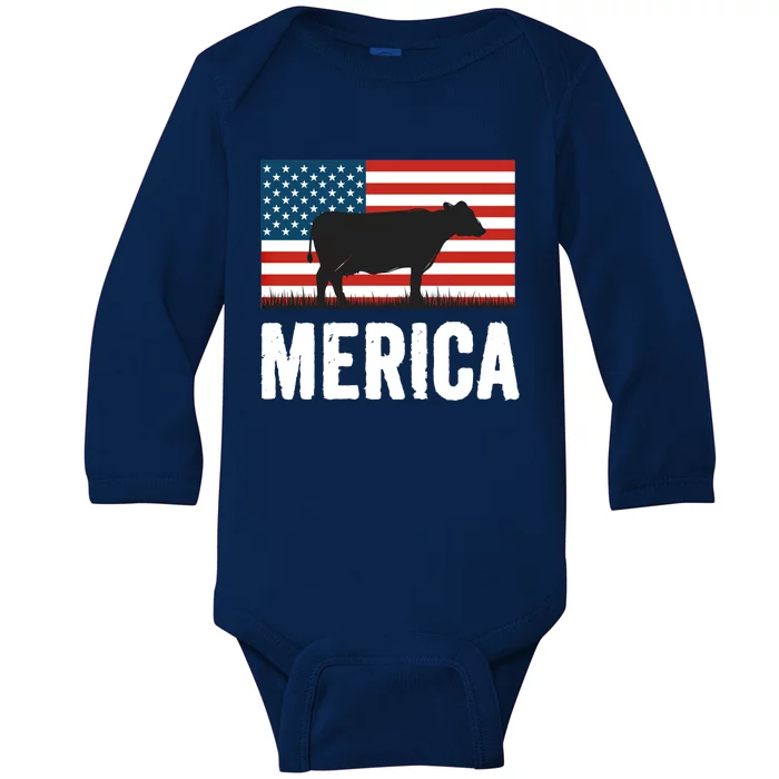 Independence Day Cow Merica 4th Of July American Flag Gift Baby Long Sleeve Bodysuit