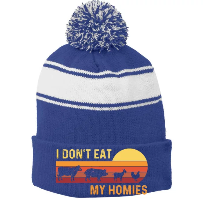 I Dont Eat My Homies Vintage Animals Vegetarian Nutrition Funny Gift Stripe Pom Pom Beanie