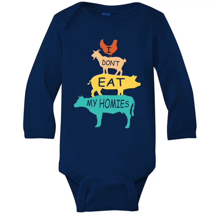 I Dont Eat My Homies Retro Vintage Vegetarian Vegan Baby Long Sleeve Bodysuit