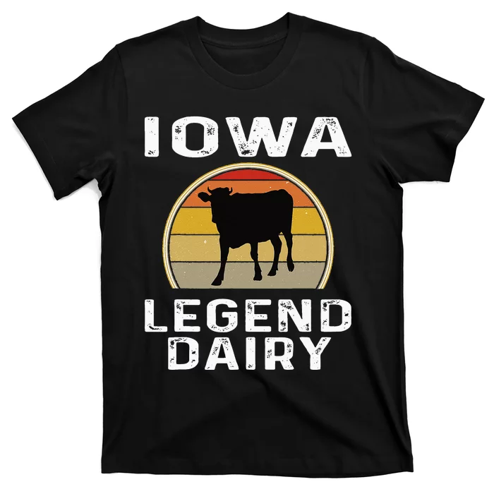 Iowa Dairy Farmer Legend Dairy Cow Cattle Funny Retro Sunset T-Shirt