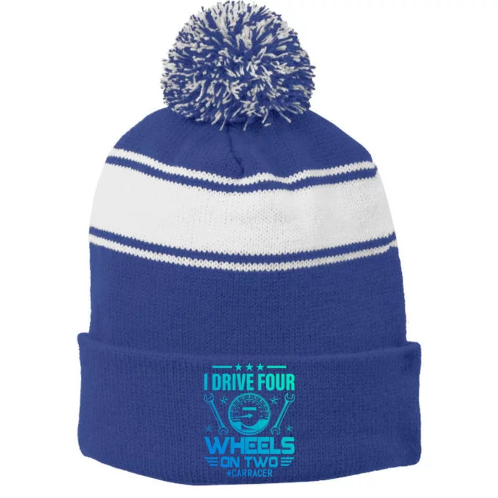 I Drive Four Wheels On Two Race Car Gift Stripe Pom Pom Beanie