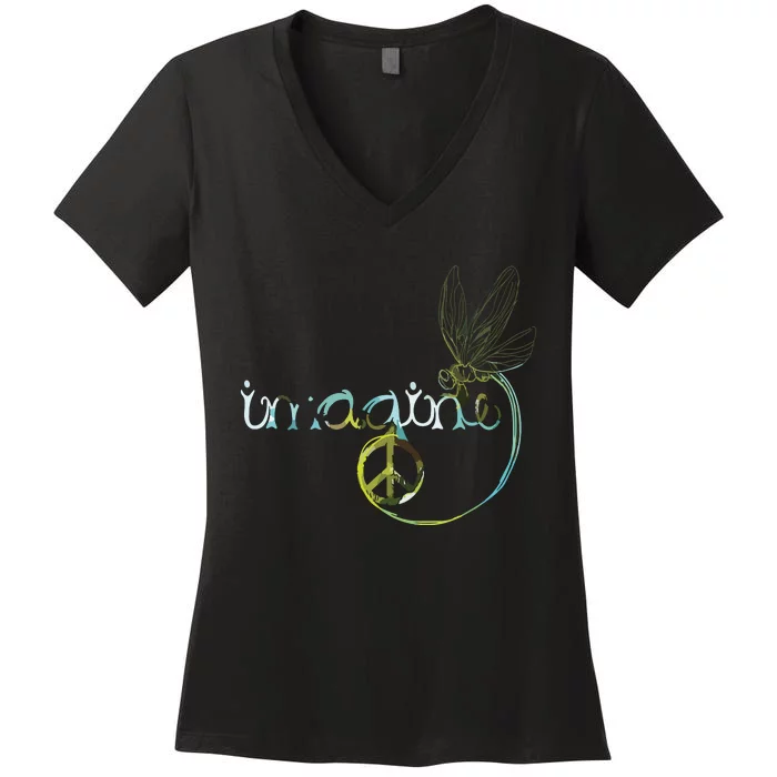 Imagine Dragonfly Hippie Peace Sign Tie Dye Free Spirited Women's V-Neck T-Shirt