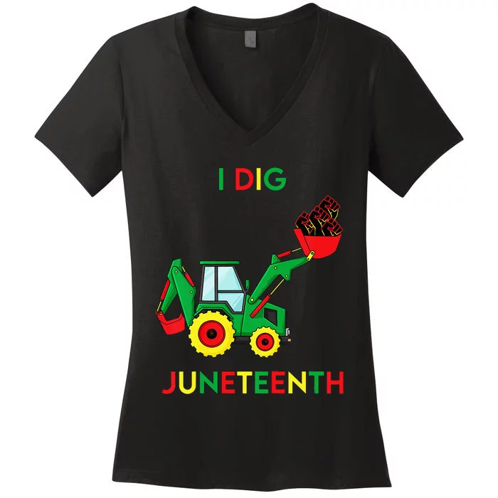 I Dig Juneteenth Fists Tractor Funny Women's V-Neck T-Shirt