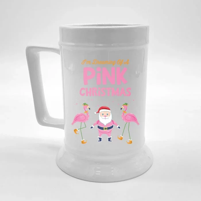 IM Dreaming Of A Pink Christmas Flamingo Santa Tropical Gift Front & Back Beer Stein