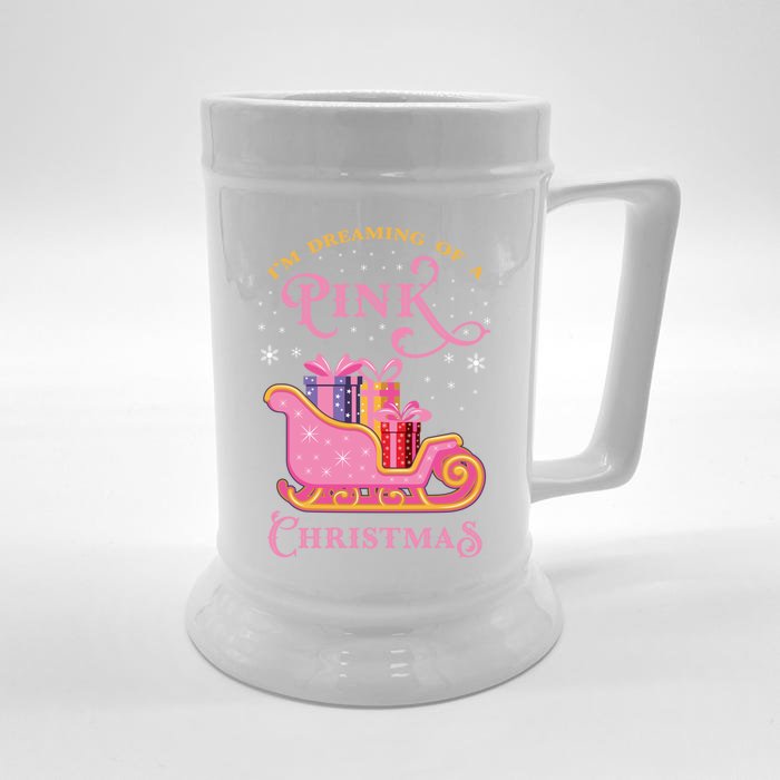 IM Dreaming Of A Pink Christmas Flamingo Santa Tropical Gift Front & Back Beer Stein