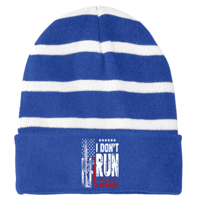 I Dont Run I Reload Vintage American Flag Funny Patriotic Cool Gift Striped Beanie with Solid Band