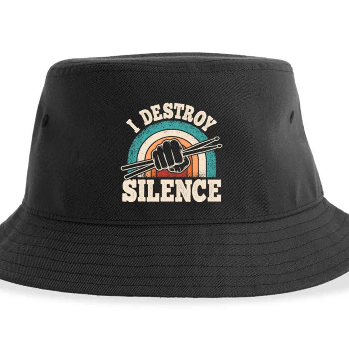 I Destroy Silence Retro Drummer Funny Drumming Lover Drum Sustainable Bucket Hat