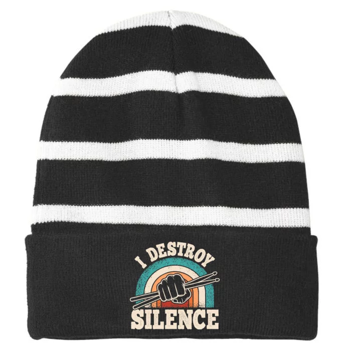 I Destroy Silence Retro Drummer Funny Drumming Lover Drum Striped Beanie with Solid Band