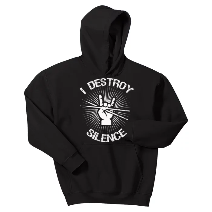 I Destroy Silence Vintage Music Bands Drum Sticks Drummer Kids Hoodie