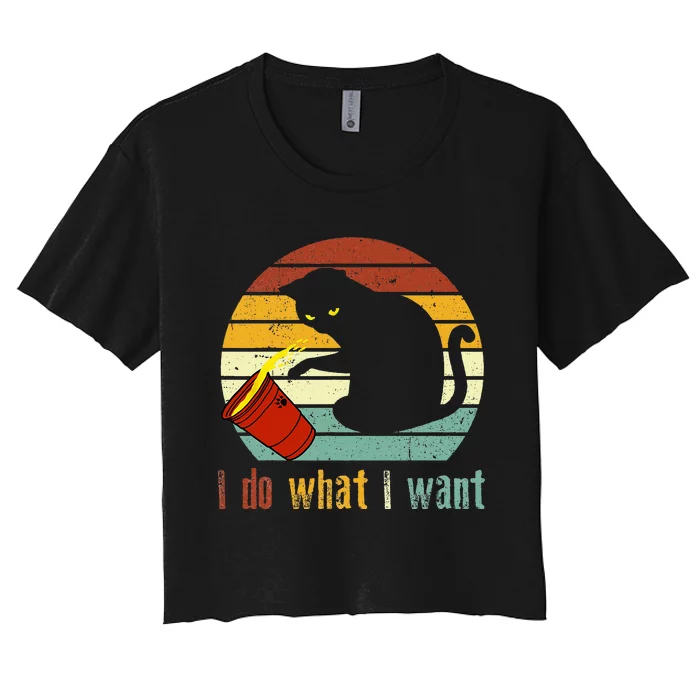 I Do What I Want Cat Coffee Black Cat Red Cup Funny Graphic Women's Crop Top Tee