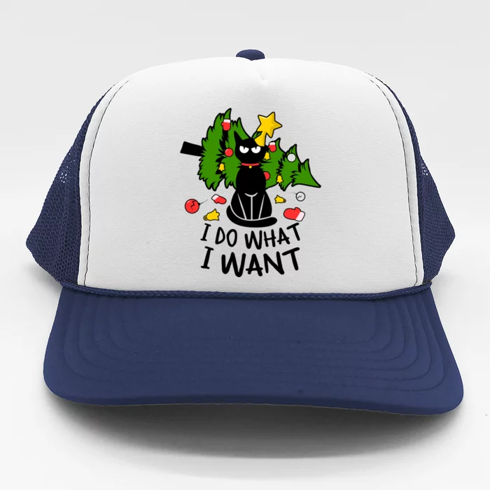 I Do What I Want Cat Christmas Tree Funny Black Cat Graphic Funny Gift Trucker Hat