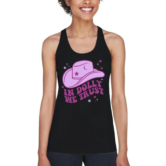 In Dolly We Trust Pink Hat Western Groovy Women's Racerback Tank