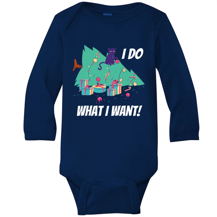 I Do What I Want Cat Destroys Christmas Tree Meme Funny Gift Baby Long Sleeve Bodysuit