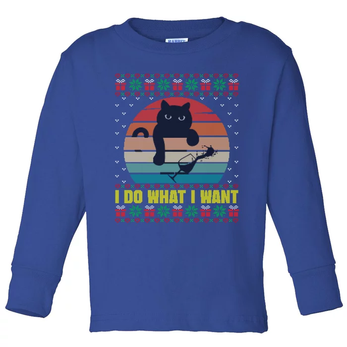 I Do What I Want Cat Wine Lover Sunset Ugly Xmas Sweater Gift Toddler Long Sleeve Shirt