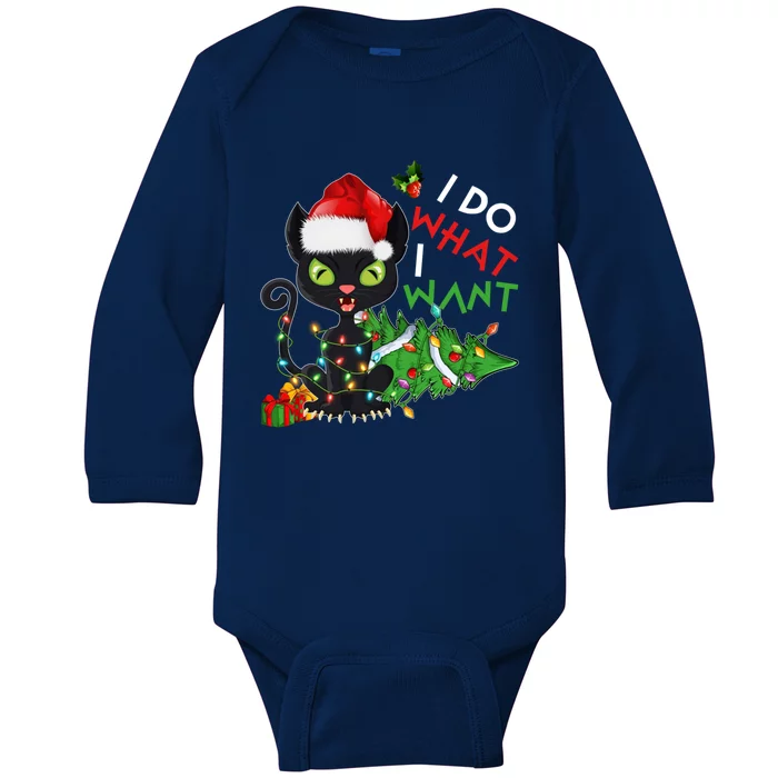 I Do What I Want Christmas Cat Santa Hat Christmas Tree Gift Baby Long Sleeve Bodysuit