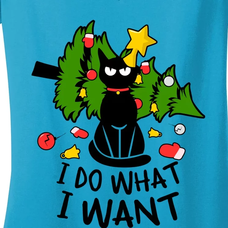 I Do What I Want Cat Christmas Tree Funny Black Cat Graphic Gift Women's V-Neck T-Shirt