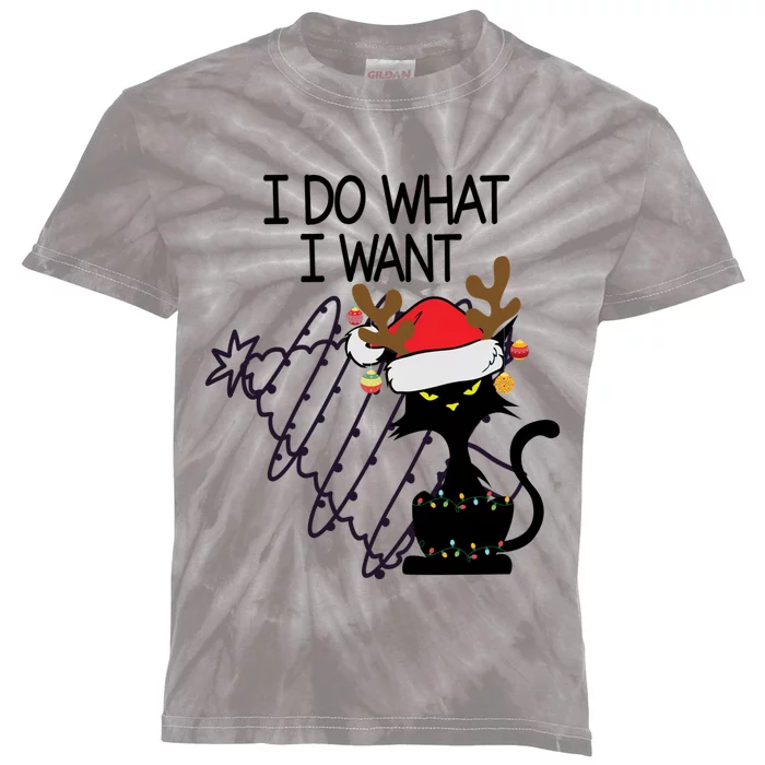 I Do What I Want Christmas Tree Cat Gift Kids Tie-Dye T-Shirt