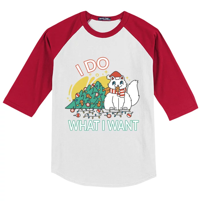 I Do What I Want Mischievous Christmas Cat Gift Kids Colorblock Raglan Jersey